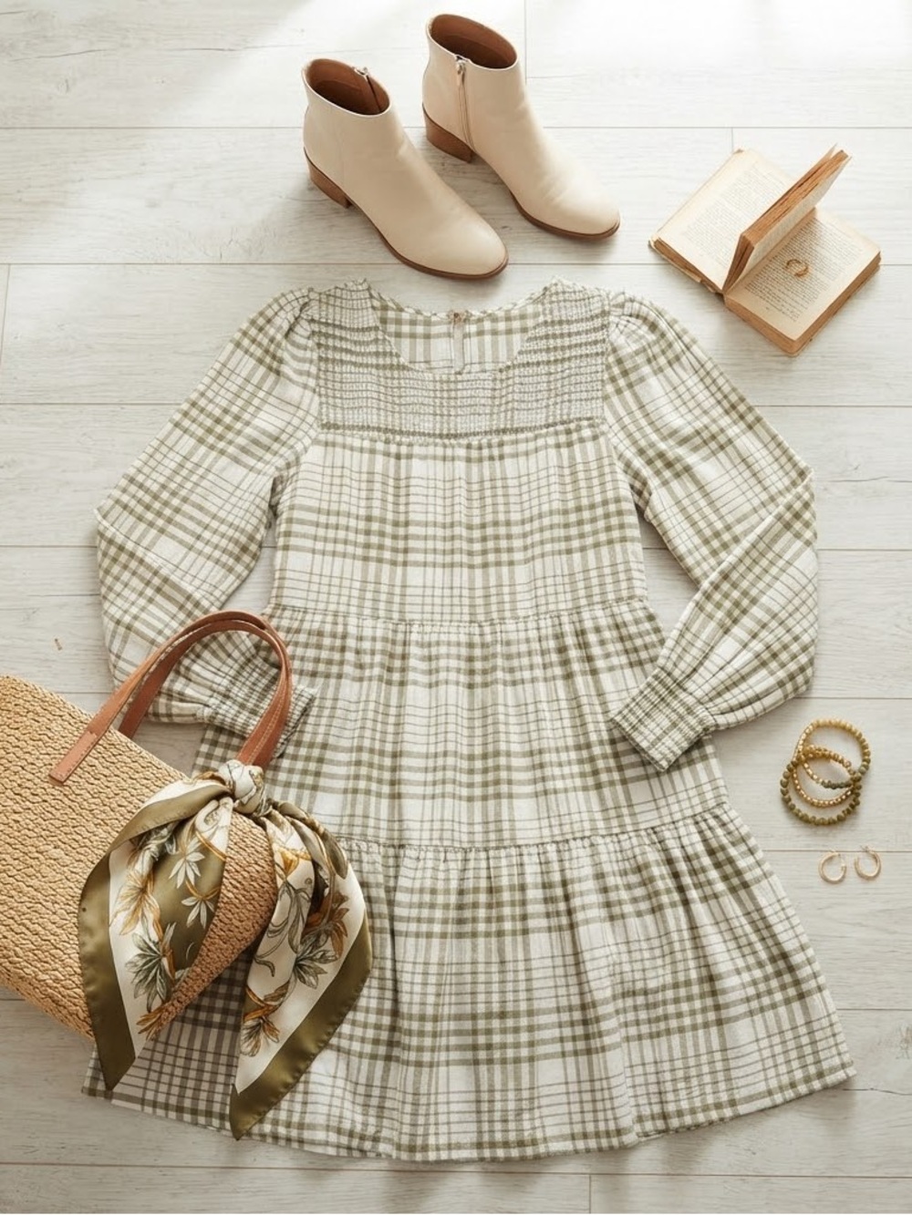 Green Plaid Puff Long Sleeve Fall Dress